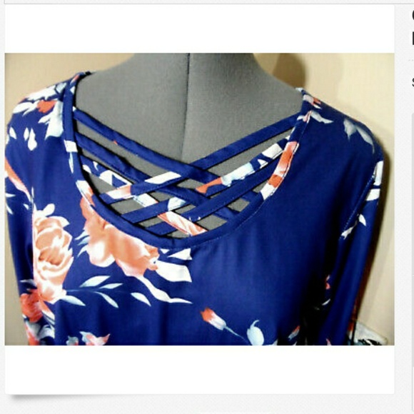 CAGED Blouse S Blue Peach floral Boho tunic top LS - Picture 3 of 5